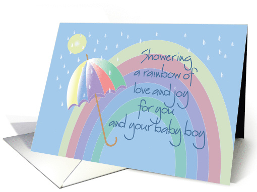 Congratulations for new baby boy, with rainbow and umbrells card