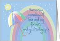 Congratulations, new twin girls with umbrella and rainbow card