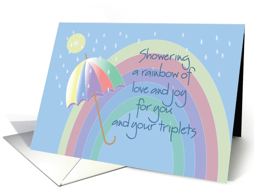Congratulations, new baby triplets with umbrella and rainbow card