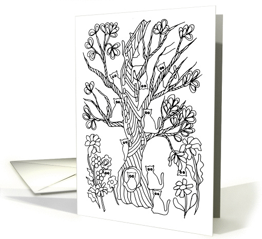 Kids Coloring Greeting Card with a Kittens Tree. card (875712)