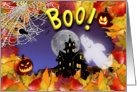 Boo! Happy Halloween haunted house & ghost under a full moon card