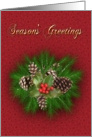 Season’s Greetings holly and pine cones on red texture card