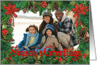 Season’s Greetings Photo Card with pine, holly, and pine cone border card