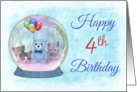 Happy 4th Birthday Snowglobe w/ Blue TeddyBear, Balloons, & Kittens card