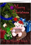 Merry Christmas Parents - Kitty, Teddy-Bear, and Christmas Tree card