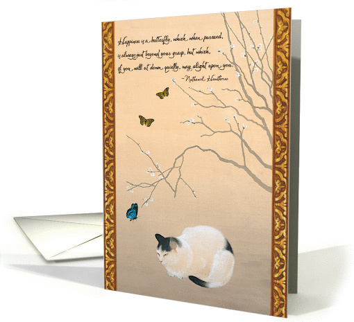 Cat and Butterflies under Plum Blossom Tree Japanese Style card