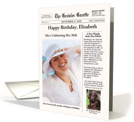 Newspaper Style with Dog - Customizable Text and Photo Birthday card