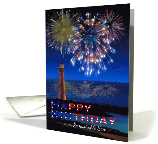 Happy Birthday to Son on Independence Day Fireworks on the Ocean card