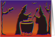Witches with cauldron bat and cat Witching you a Happy Halloween card
