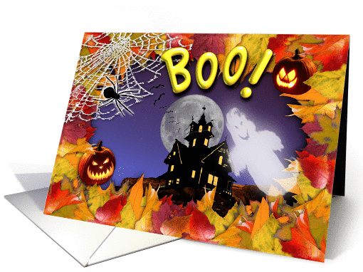 Boo! Happy Halloween haunted house & ghost under a full moon card