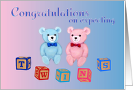 Congratulations on Expecting Fraternal Twins-Teddy Bears & baby blocks card