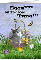 Kitty Cat in Easter Basket w/ Eggs and Butterflies - Kittehs Nom Tuna card
