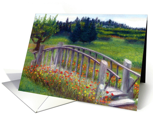 Flowers & Footbridge Spring on Ladybug Lane Blank Note card (935010)