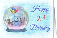 Happy 2nd Birthday Snowglobe w/Blue TeddyBear, Balloons, & Kittens card