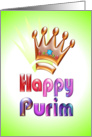 Happy Purim fun colorful 3d-like greeting with crown and star of david card