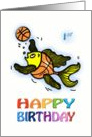 Happy First Birthday Fish playing Basketball cute funny fun cartoon card