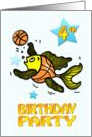 4th Birthday Party Invitation, cute funny Fish playing Basketball kids card