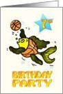 7th Birthday Party Invitation, cute funny Fish playing Basketball kids card