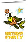 9th Birthday Party Invitation, cute funny Fish playing Basketball kids card