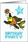 13th Birthday Party Invitation, cute Fish playing Basketball kids card