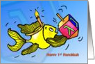 Baby’s Happy 1st Hanukkah fish holding dreidel cute funny cartoon card