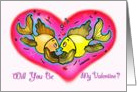 Will you be my Valentine? cute fish holding hands in a big red heart card