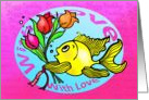 Happy Birthday goldfish with love flowers cute fun pink cartoon card