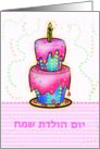 Happy Birthday Hebrew pink fun birthday Cake with greeting card
