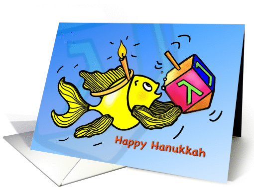 Happy Hanukkah Chanuka Sparky Yellow fun Fish Comic Drawing card