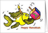 Happy Hanukkah Chanuka Sparky Yellow Fish Comic Drawing card