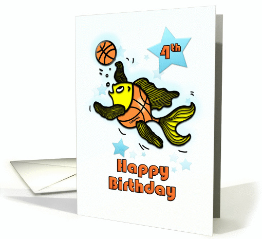 Happy 4th Birthday, Fish playing Basketball fun cute cartoon four card