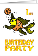 1st Birthday Party Invitation, cute funny Fish playing Basketball kids card