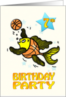 7th Birthday Party Invitation, cute funny Fish playing Basketball kids card