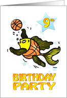 9th Birthday Party Invitation, cute funny Fish playing Basketball kids card