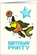 12th Birthday Party Invitation, cute Fish playing Basketball kids card