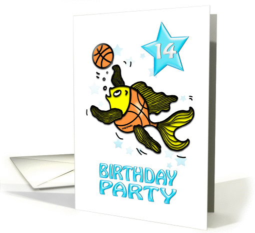 14th Birthday Party Invitation, cute Fish playing Basketball kids card