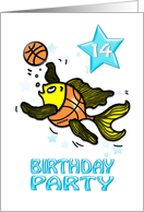 14th Birthday Party Invitation, cute Fish playing Basketball kids card