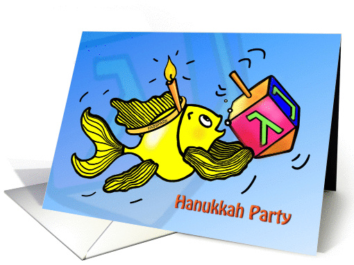 Hanukkah Party Invitation fish holding dreidel cute funny cartoon card