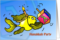 Hanukkah Party Invitation fish holding dreidel cute funny cartoon card