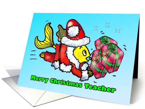Merry Christmas Teacher Santa Claus Fish fun cute funny cartoon card