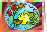 With Love Happy Valentine Fish with flowers roses cute funny cartoon card