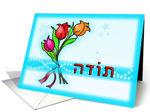 Toda Hebrew Teacher thank you wishes lush flowers on bright blue card