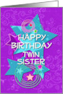 Twin Sister Happy Birthday Colorful Stars and Swirls card