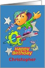 Happy Birthday Custom Name Skateboarder, Stars, Aliens for Boy Child card