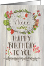 Happy Birthday Niece Watercolor Floral Wreath Rustic Wood Effect card