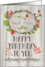 Happy Birthday Great Niece Watercolor Floral Wreath Rustic Wood Effect card
