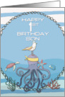 Son 1st Birthday Octopus Seagull Starfish Fun Nautical Scene card