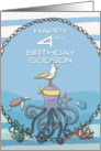 Happy 4th Birthday Godson Octopus,Seagull,Starfish Fun Nautical Scene card