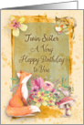 Happy Birthday Twin Sister Flowers & Animals Watercolor Nature Scene card