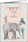 Happy Birthday 1st Birthday Custom Name Cute Girl with Animal Friends card